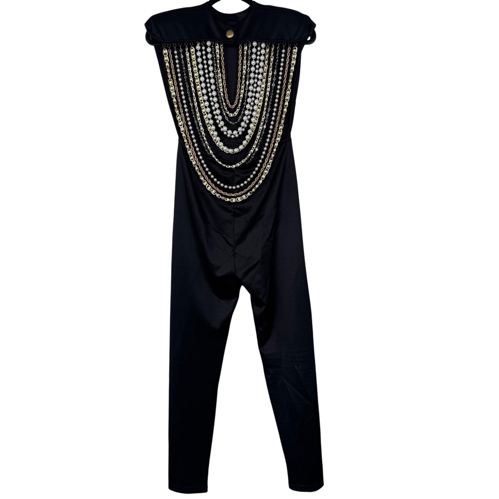 Pearl Chain Draped Black Jumpsuit Padded Shoulder Mock Neck Stretch One Piece